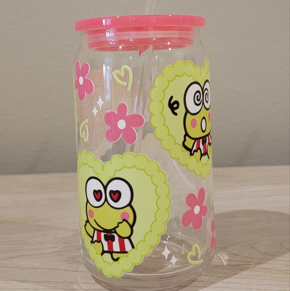Hello Kitty Keroppi Frog 16 oz Glass Can Cup with Lid and Glass Straw